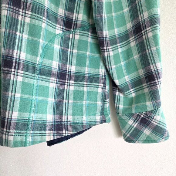 Orvis Flannel Shacket, Fleece Lined Green and Blue Shirt Jacket, Fall Transition - Picture 2 of 9